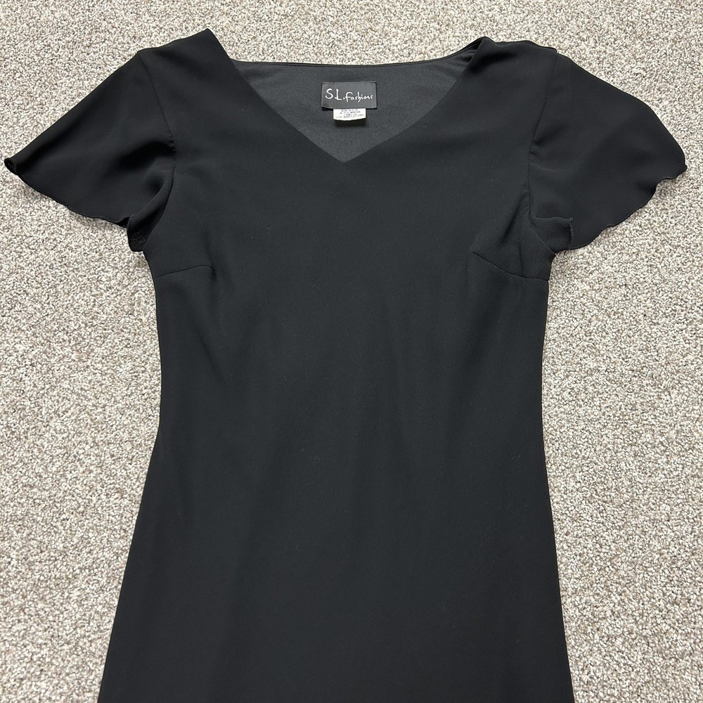 Vintage S.L. Fashions Dress Womens M Black Flutter Sleeve V Sheath Knee Length